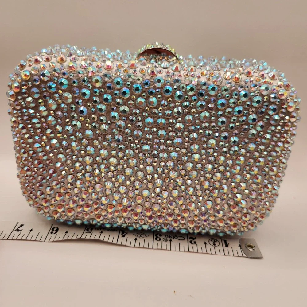 New Olga Berg Casey Iridescent Crystal Hardcase Clutch Shimmering Fancy Purse B